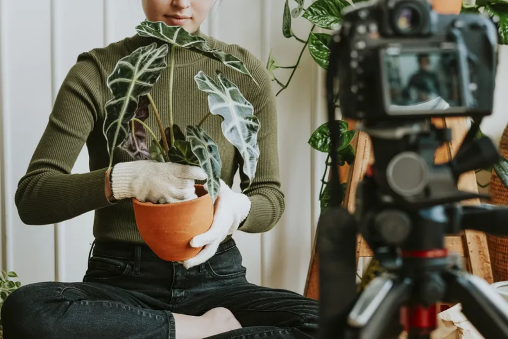 Mulher segurando uma planta enquanto grava um vídeo