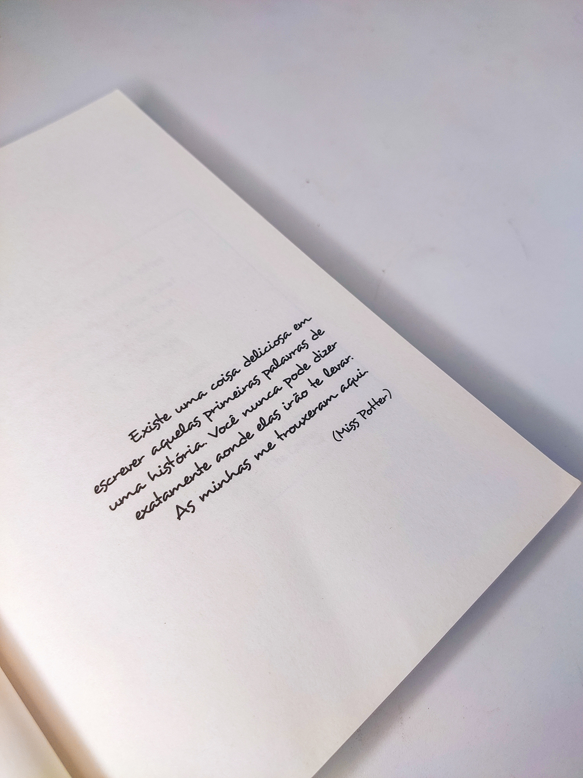 Foto de um trecho do livro: "Existe uma coisa deliciosa em escrever aquelas primeiras palavras de uma história. Você nunca pode dizer exatamente aonde elas irão te levar. As minhas me trouxeram aqui. (Miss Potter)"