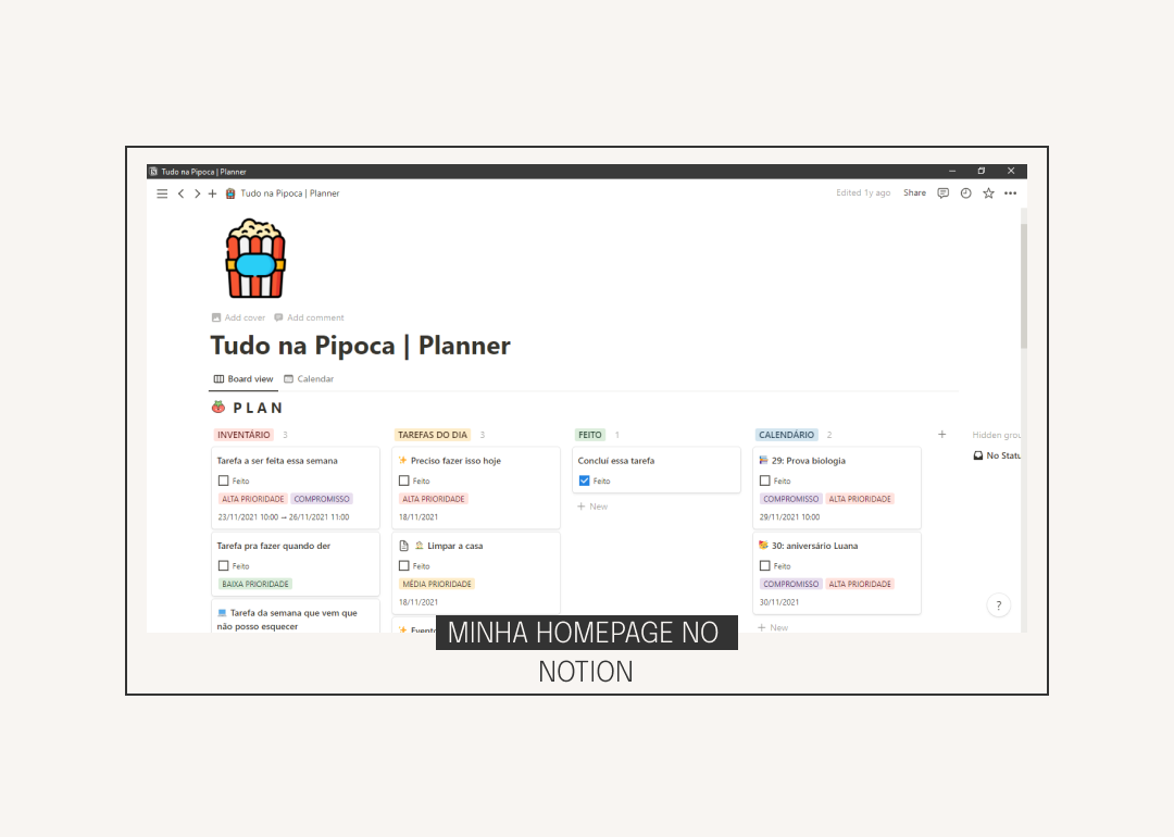 Print da homepage do meu planner no Notion com o texto: Minha homepage no Notion
