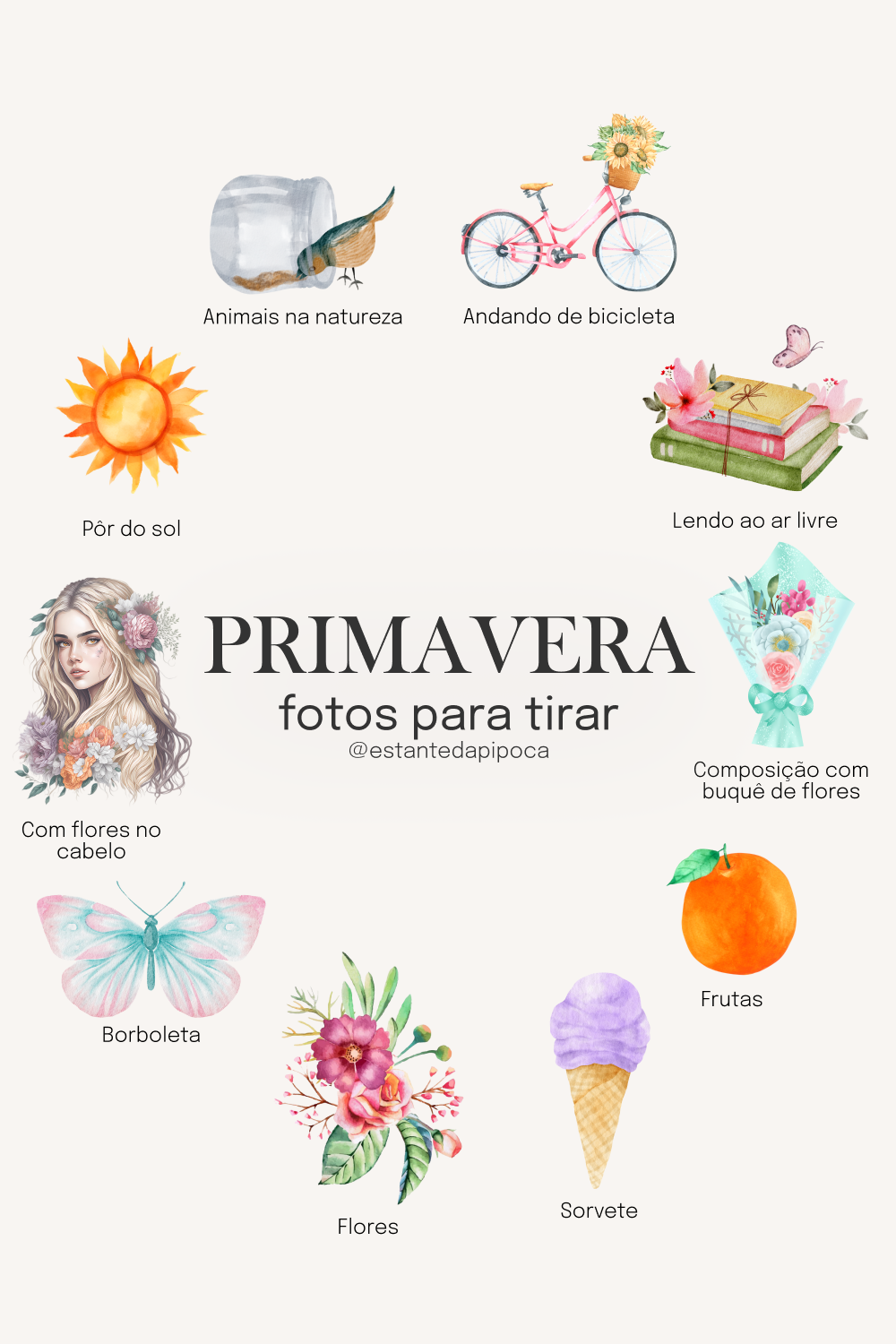 Imagem com o título "PRIMAVERA fotos para tirar", com 10 temas de fotos baseados na primavera (temas descritos logo abaixo)