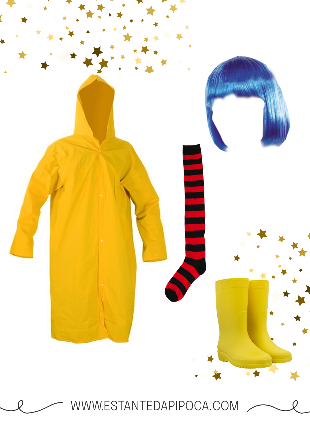 Elementos que compõem a fantasia de halloween feminina de Coraline: capa de chuva e botas amarelas, meia listrada preta e vermelha e peruca azul.