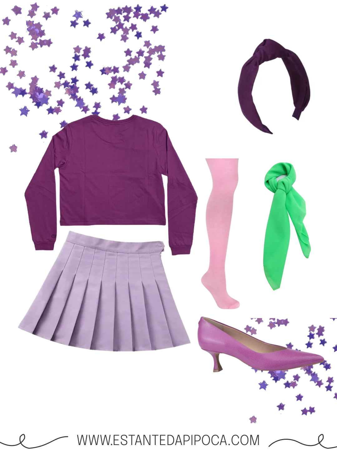 Elementos que compõem a fantasia de halloween feminina de Daphne: blusa, saia, sapato e tiara roxos, lenço verde e meia calça rosa.