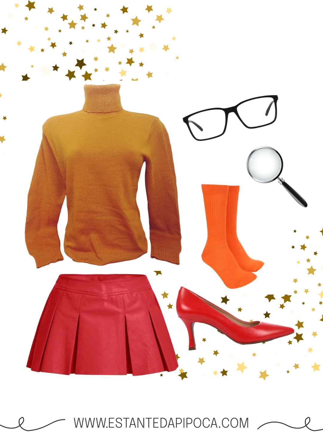 Elementos que compõem a fantasia de halloween feminina de Velma: cacharrel laranja, óculos quadrado, lupa, meia laranja, saia vermelha e sapato vermelho.