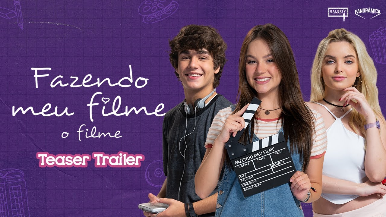 Imagem de capa do teaser trailer do filme Fazendo Meu Filme. A capa tem fundo roxo e uma foto de três personagens: Léo, Fani e Vanessa.