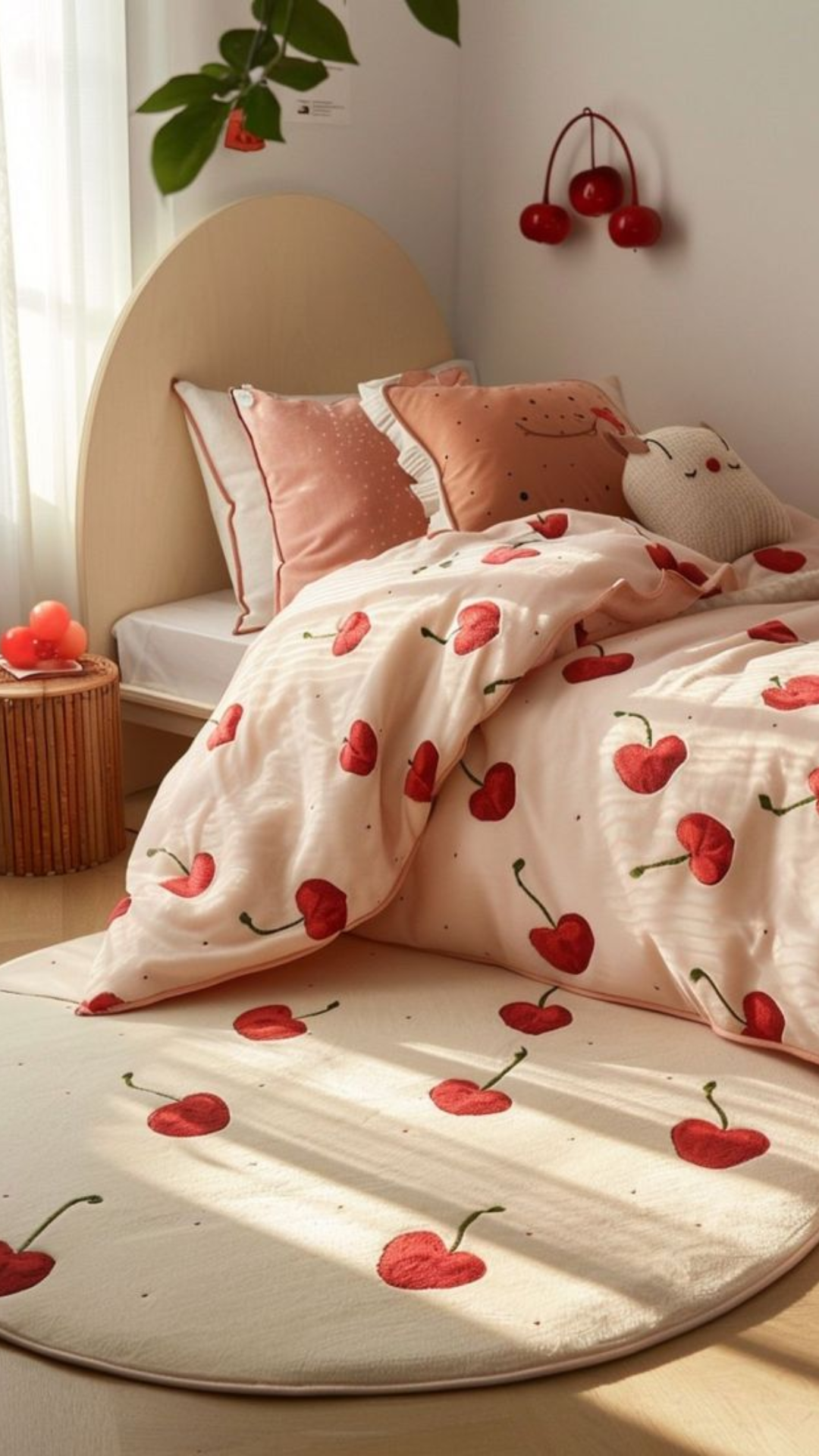 Quarto branco e rosa pastel, com a colcha de cama e tapete com desenhos de cereja