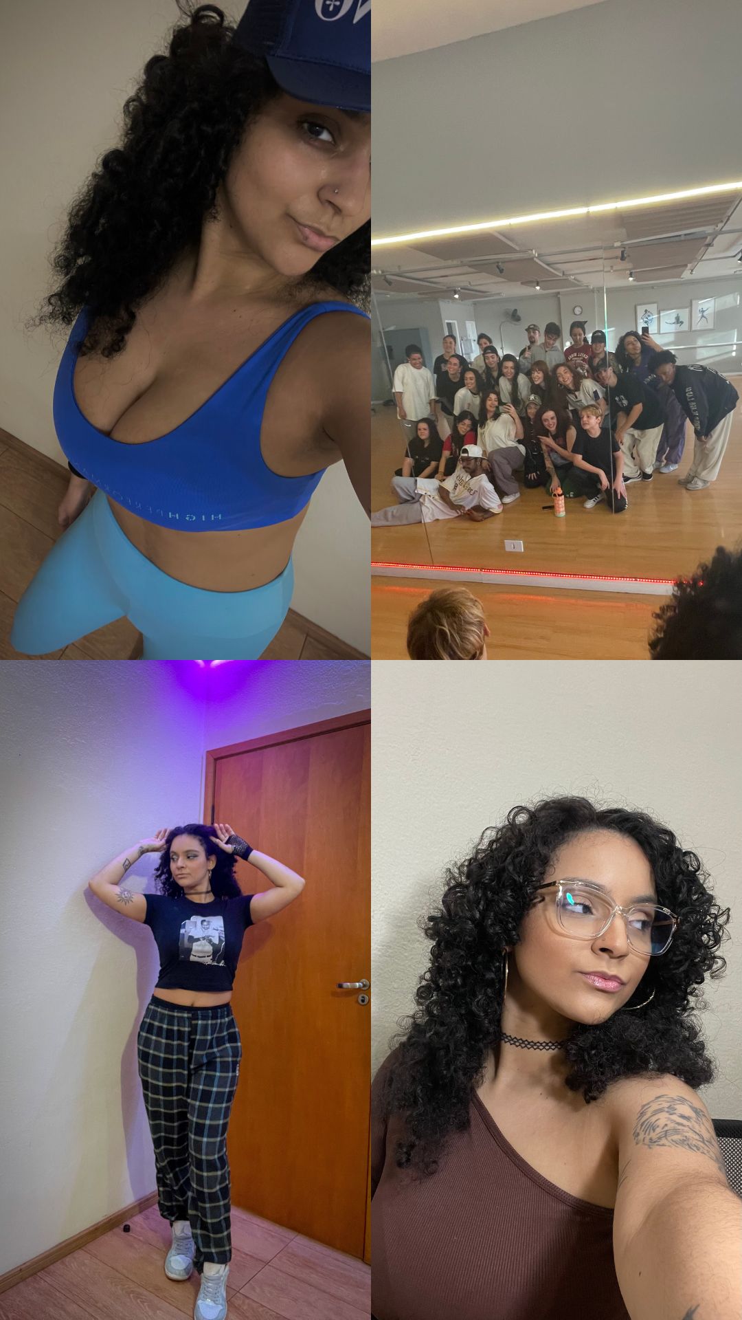 Retrospectiva de 2025 com 4 fotos do meu mês de Agosto, sendo: uma selfie pós treino, foto na aula de dança da Amanda, look que usei para assistir "Uma Sexta-Feira Mais Louca Ainda" e uma selfie com meus óculos novos