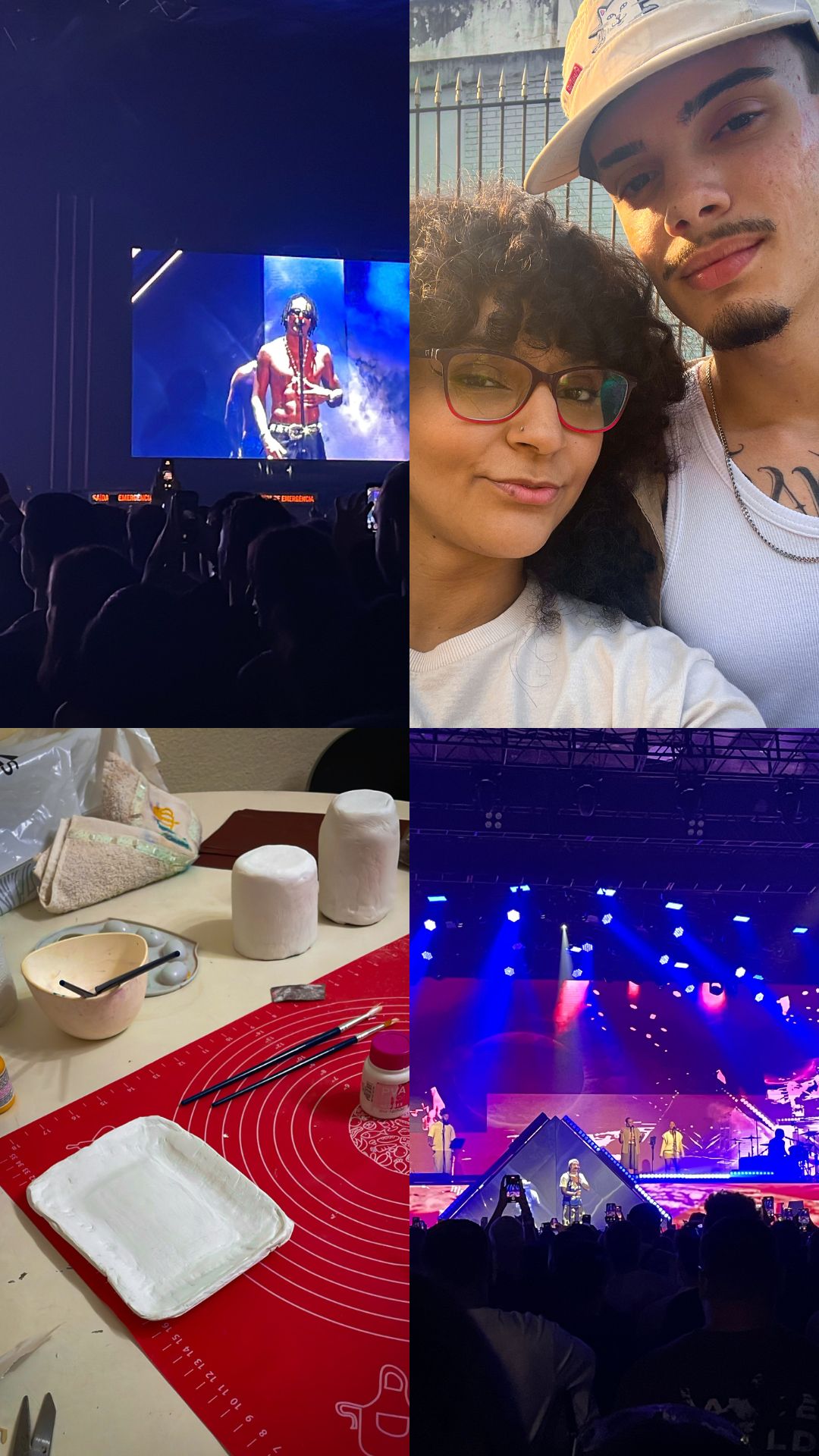 Retrospectiva de 2025, 4 fotos do meu mês de fevereiro, sendo: duas fotos do palco do show do Matuê, uma foto com meu namorado no show e uma foto da mesa com os itens de cerâmica fria em cima