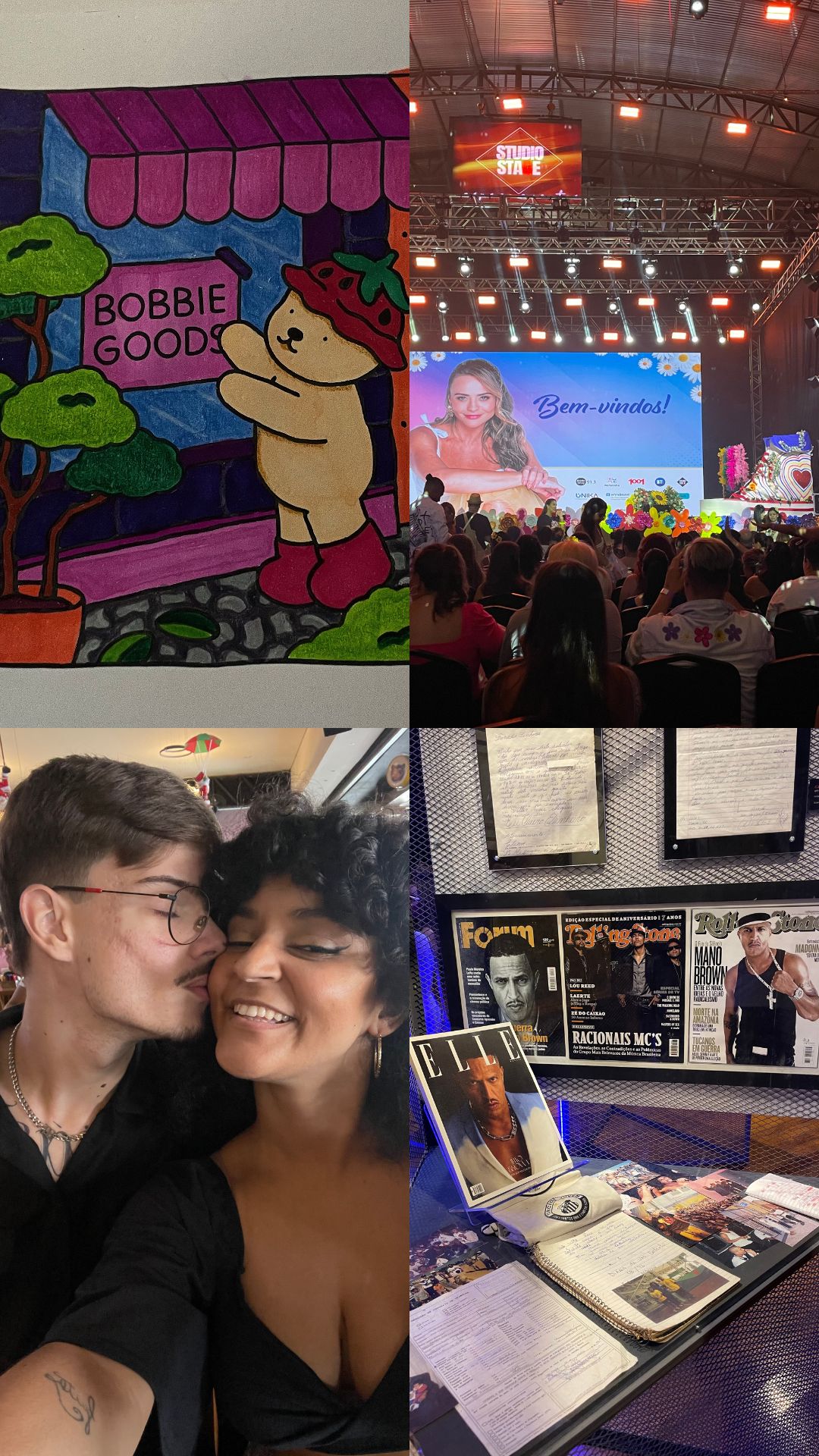 Retrospectiva de 2025: 4 fotos do meu mês de Janeiro, sendo: um desenho Bobbie Goods que colori; o palco do show da Floribella; eu e meu namorado juntos; foto da exposição dos Racionais
