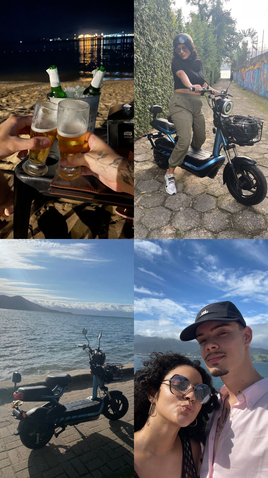 Restrospectiva de 2025, 4 fotos do meu mês de Maio, em Ilhabela. Duas fotos da praia, uma selfie com meu namorado e uma foto minha em cima da moto elétrica.