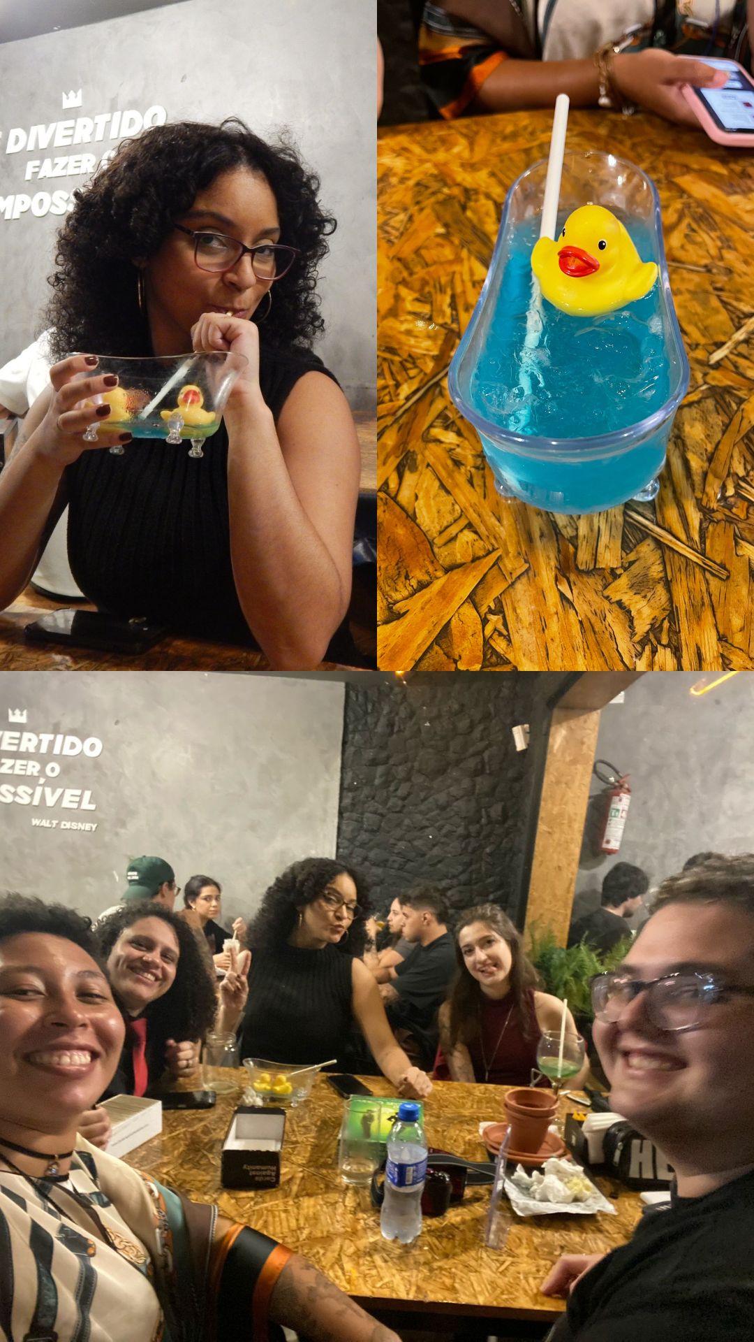 Restrospectiva de 2025, três fotos do mês de Março, no Catelos Bar & Boardgames, sendo: uma foto de uma bebida, uma foto minha e uma selfie com meus amigos 