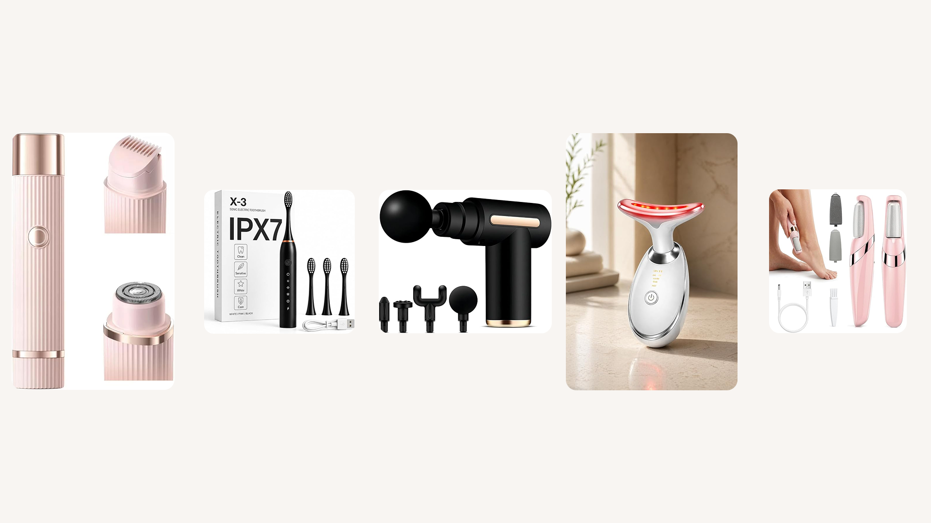 ideias de presentes para o dia das mães até R$40,00: itens de autocuidado. depilador elétrico, escova de dente elétrica, massageador elétrico, massageador facial e lixa de pé elétrica.