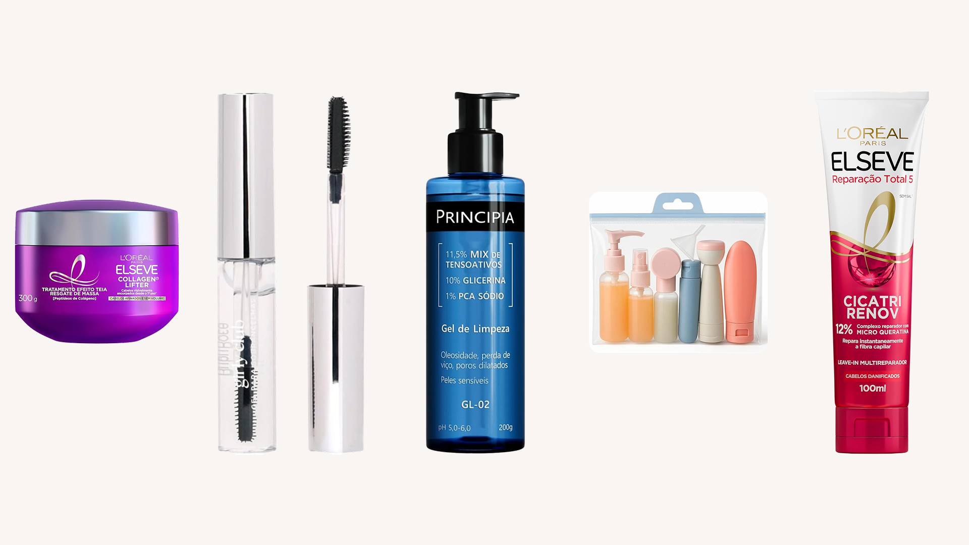 ideias de presentes para o dia das mães até R$40,00: itens de beleza. máscara capilar, gel para sobrancelhas, gel de limpeza facial, kit viagem e leave-in