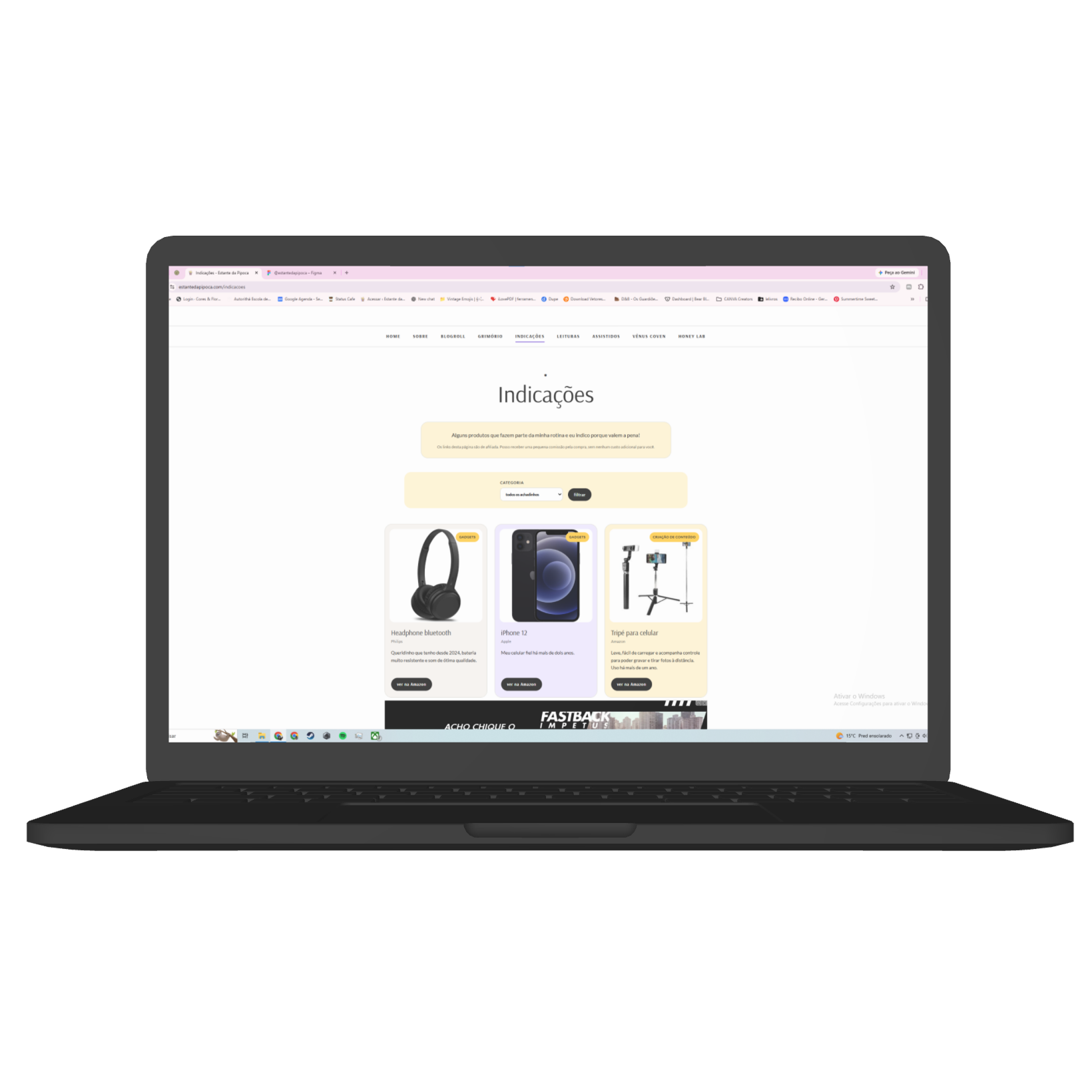 Mockup de notebook que mostra a página de indicações do blog