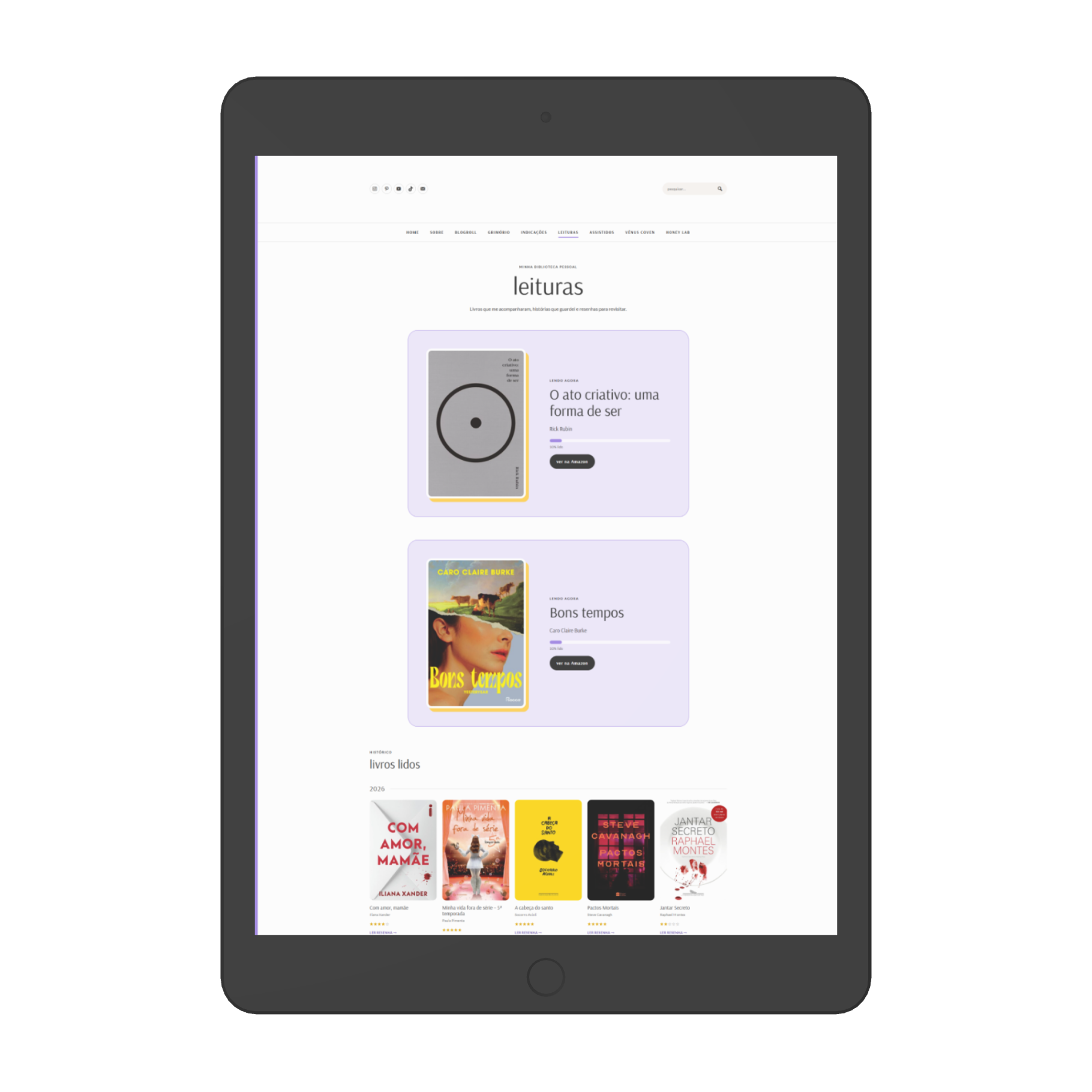 Mockup de tablet que mostra a página "Leituras" do blog